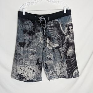 Affliction Mens Board Shorts Size 36 Graphic All over Print White Black Drawstri